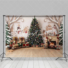 Aperturee - Aperturee Cozy Christmas Tree and Gingerbread House Photography Backdrop with Snowman and Fireplace Winter Holiday Decor