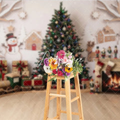 Aperturee - Aperturee Cozy Christmas Tree and Gingerbread House Photography Backdrop with Snowman and Fireplace Winter Holiday Decor