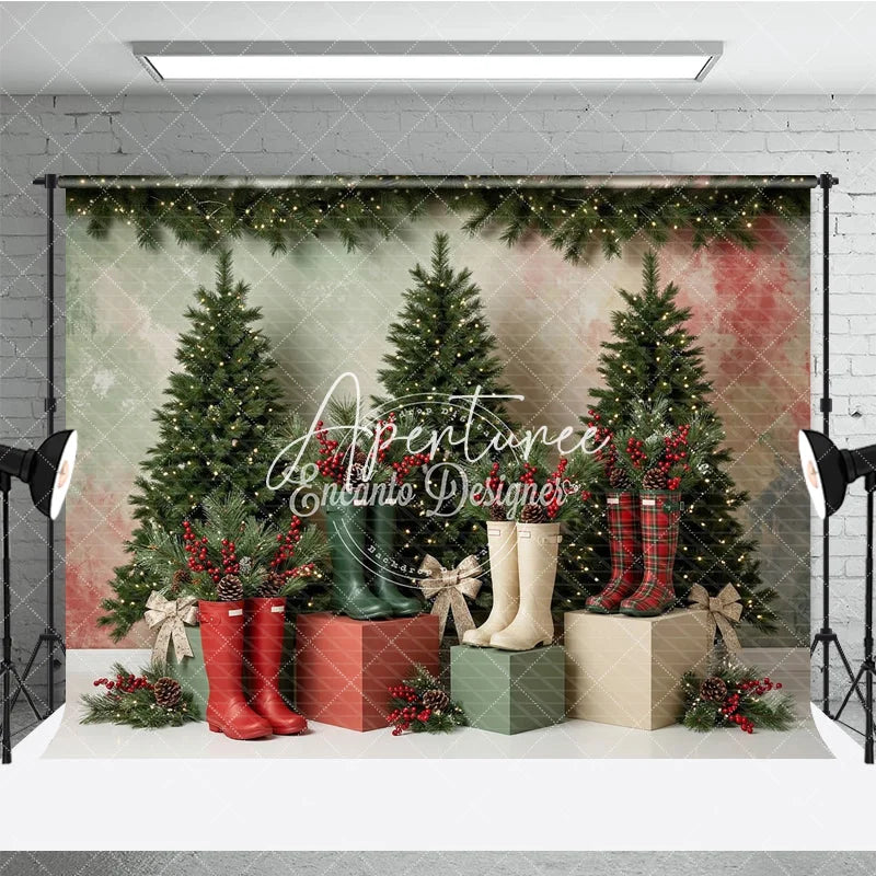 Aperturee - Aperturee Cozy Christmas Tree and Rain Boots Holiday Backdrop Festive Winter Decor with Pine Branches and Red Berries