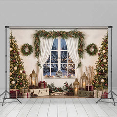 Aperturee - Aperturee Cozy Christmas Tree and Window Holiday Backdrop Festive Winter Wonderland Scene with Gifts and Lanterns
