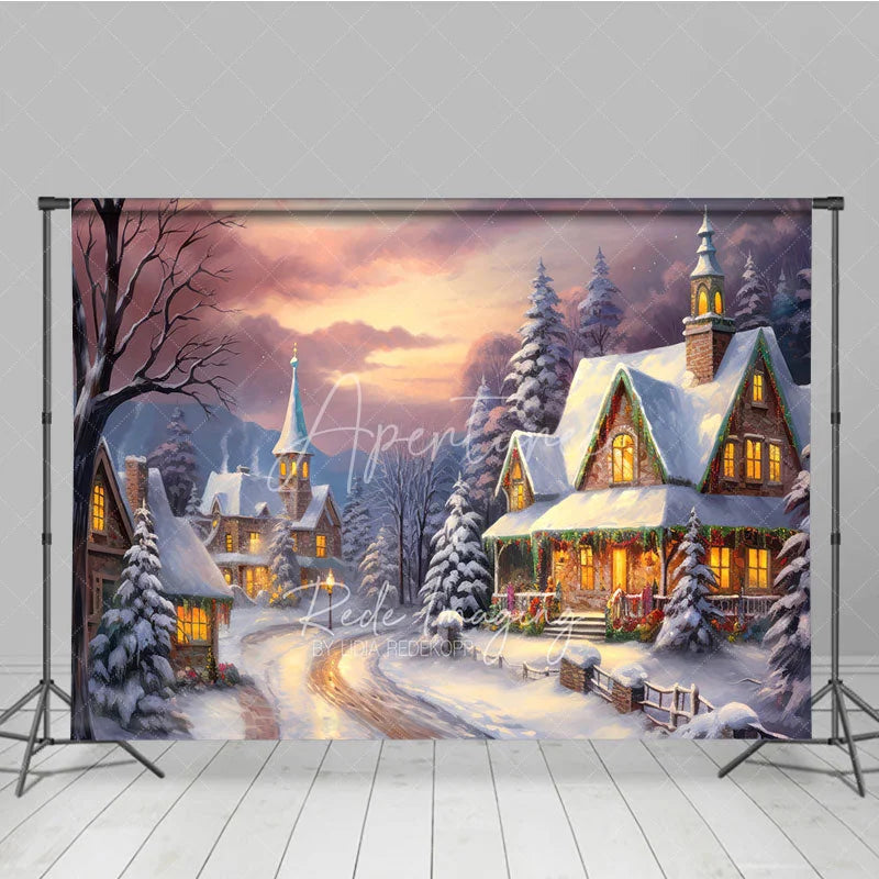 Aperturee - Aperturee Cozy Christmas Village Photography Backdrop Painterly Snow Scene at Sunset Holiday Cottage Photo Background