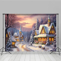 Aperturee - Aperturee Cozy Christmas Village Photography Backdrop Painterly Snow Scene at Sunset Holiday Cottage Photo Background