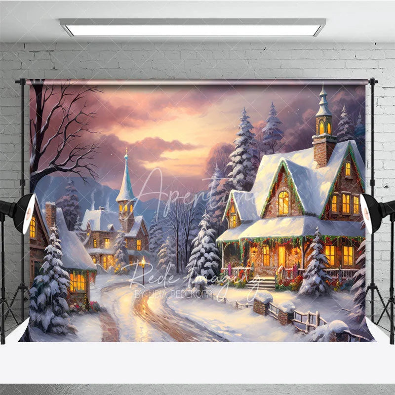 Aperturee - Aperturee Cozy Christmas Village Photography Backdrop Painterly Snow Scene at Sunset Holiday Cottage Photo Background