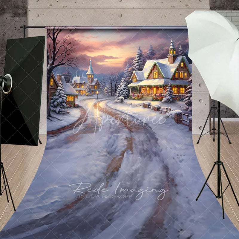 Aperturee - Aperturee Cozy Christmas Village Sweep Backdrop Painterly Snow Scene at Sunset Holiday Cottage Photo Studio Floor Drop
