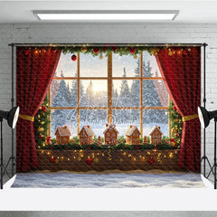 Aperturee - Aperturee Cozy Christmas Window Photography Backdrop Gingerbread Village on Windowsill Snowy Holiday Mini Session Background