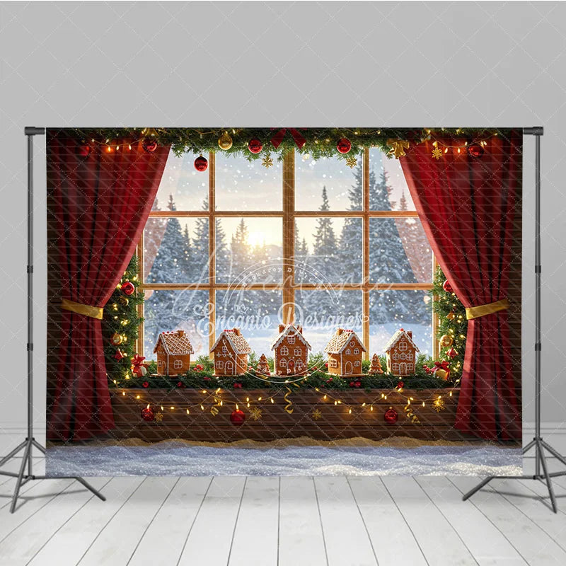 Aperturee - Aperturee Cozy Christmas Window Photography Backdrop Gingerbread Village on Windowsill Snowy Holiday Mini Session Background
