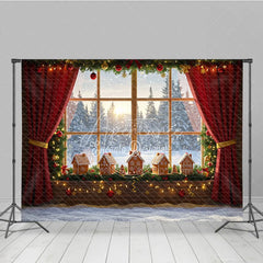 Aperturee - Aperturee Cozy Christmas Window Photography Backdrop Gingerbread Village on Windowsill Snowy Holiday Mini Session Background