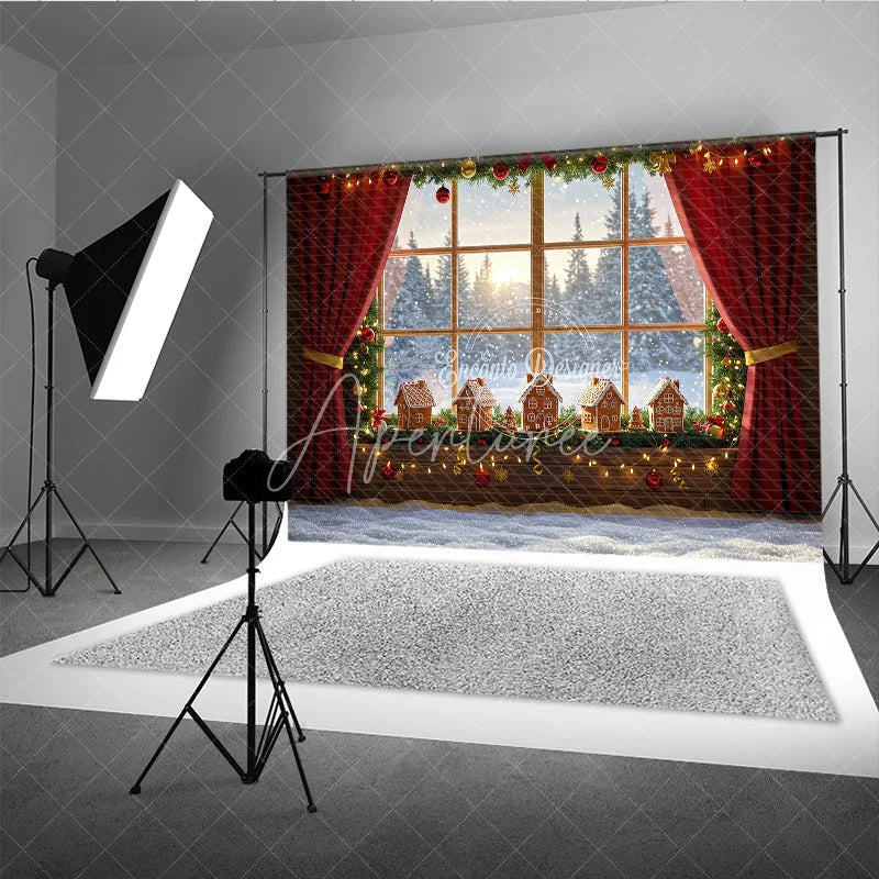 Aperturee - Aperturee Cozy Christmas Window Photography Backdrop Gingerbread Village on Windowsill Snowy Holiday Mini Session Background