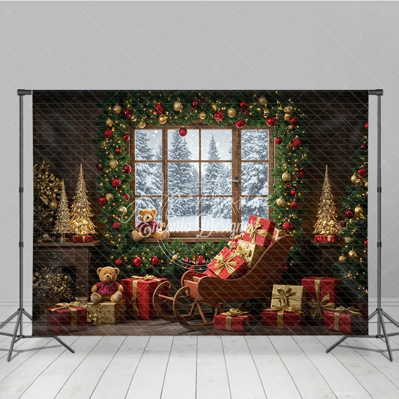 Aperturee - Aperturee Cozy Christmas Window Photography Backdrop Santa’s Sleigh with Teddy Bears Snowy Holiday Mini Session Background