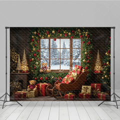Aperturee - Aperturee Cozy Christmas Window Photography Backdrop Santa’s Sleigh with Teddy Bears Snowy Holiday Mini Session Background