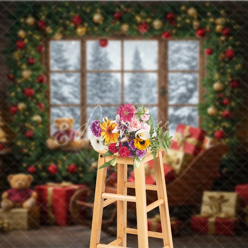 Aperturee - Aperturee Cozy Christmas Window Photography Backdrop Santa’s Sleigh with Teddy Bears Snowy Holiday Mini Session Background