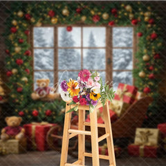 Aperturee - Aperturee Cozy Christmas Window Photography Backdrop Santa’s Sleigh with Teddy Bears Snowy Holiday Mini Session Background