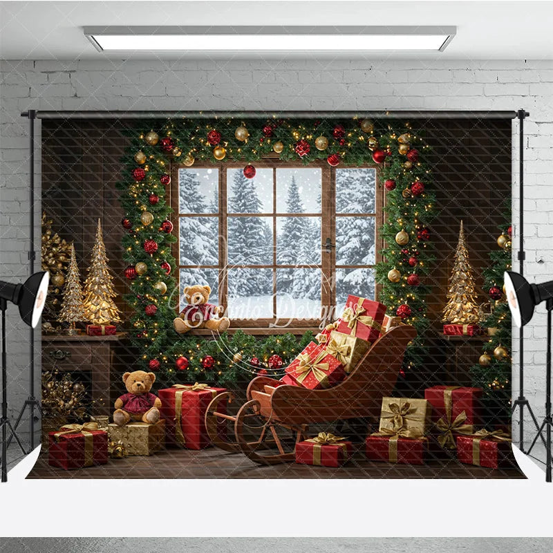Aperturee - Aperturee Cozy Christmas Window Photography Backdrop Santa’s Sleigh with Teddy Bears Snowy Holiday Mini Session Background