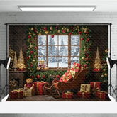 Aperturee - Aperturee Cozy Christmas Window Photography Backdrop Santa’s Sleigh with Teddy Bears Snowy Holiday Mini Session Background
