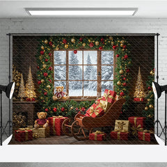 Aperturee - Aperturee Cozy Christmas Window Photography Backdrop Santa’s Sleigh with Teddy Bears Snowy Holiday Mini Session Background