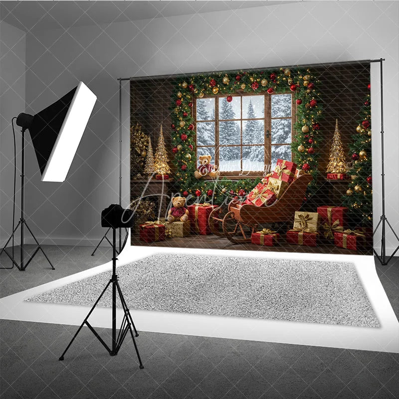 Aperturee - Aperturee Cozy Christmas Window Photography Backdrop Santa’s Sleigh with Teddy Bears Snowy Holiday Mini Session Background