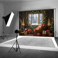 Aperturee - Aperturee Cozy Christmas Window Photography Backdrop Santa’s Sleigh with Teddy Bears Snowy Holiday Mini Session Background