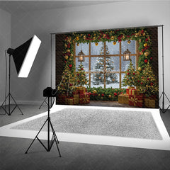 Aperturee - Aperturee Cozy Christmas Window Photography Backdrop Snowy View with Garland and Lanterns Rustic Holiday Photo Background