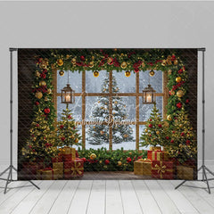 Aperturee - Aperturee Cozy Christmas Window Photography Backdrop Snowy View with Garland and Lanterns Rustic Holiday Photo Background