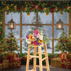 Aperturee - Aperturee Cozy Christmas Window Photography Backdrop Snowy View with Garland and Lanterns Rustic Holiday Photo Background