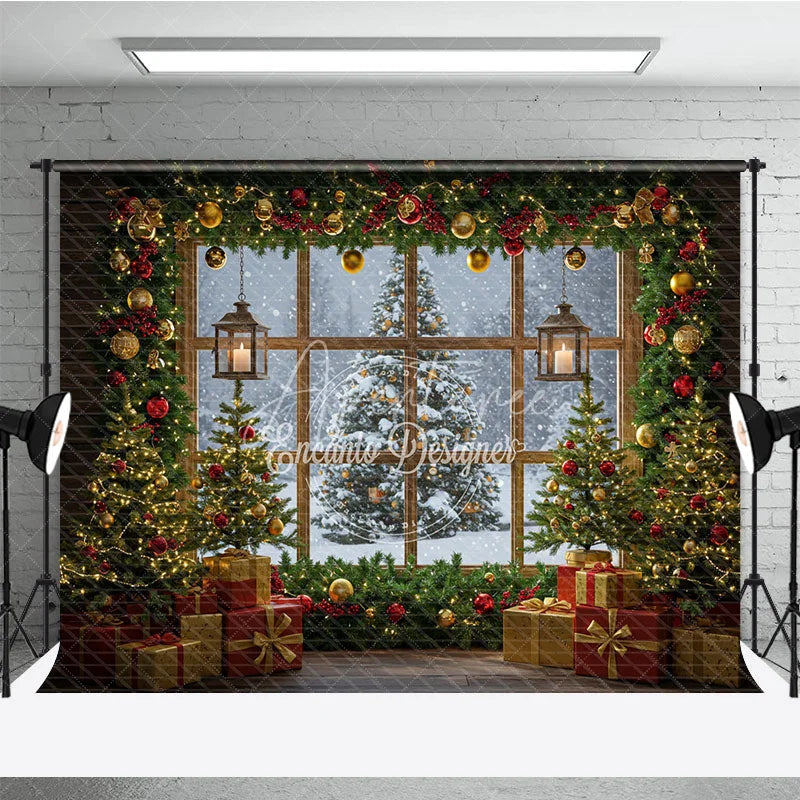 Aperturee - Aperturee Cozy Christmas Window Photography Backdrop Snowy View with Garland and Lanterns Rustic Holiday Photo Background