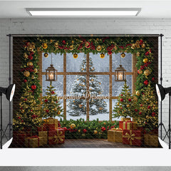 Aperturee - Aperturee Cozy Christmas Window Photography Backdrop Snowy View with Garland and Lanterns Rustic Holiday Photo Background