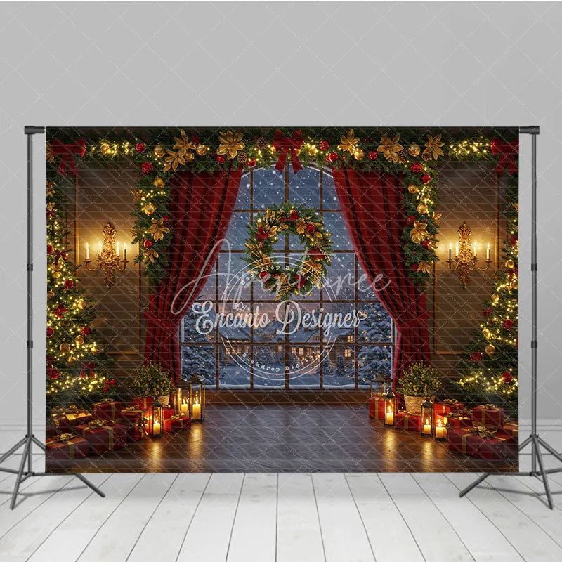 Aperturee - Aperturee Cozy Christmas Window Photography Backdrop Snowy Village View with Red Curtains Holiday Mini Session Background