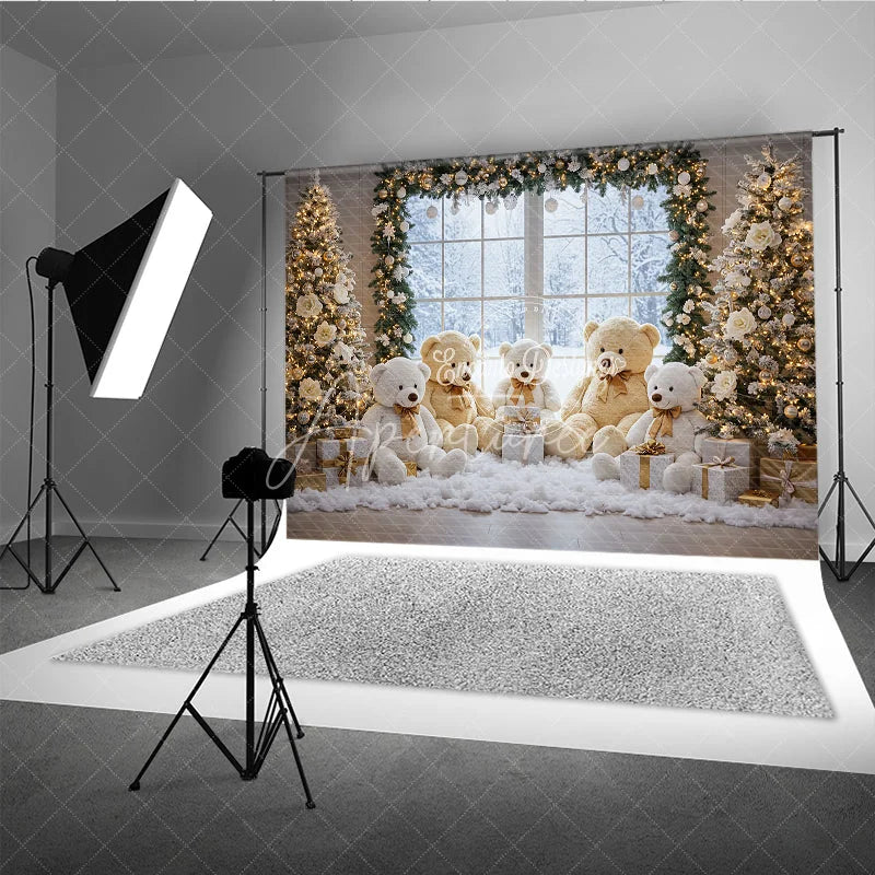 Aperturee - Aperturee Cozy Christmas Window Photography Backdrop Teddy Bear Family in the Snow Holiday Mini Session Background