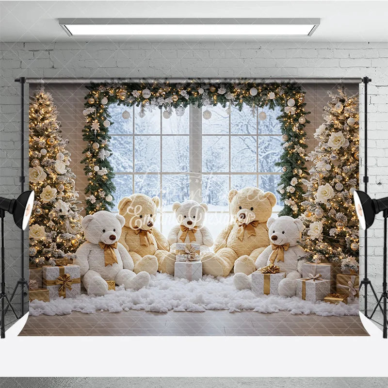 Aperturee - Aperturee Cozy Christmas Window Photography Backdrop Teddy Bear Family in the Snow Holiday Mini Session Background