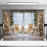 Aperturee - Aperturee Cozy Christmas Window Photography Backdrop Teddy Bear Family in the Snow Holiday Mini Session Background