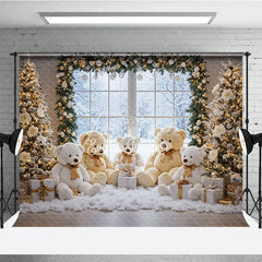 Aperturee - Aperturee Cozy Christmas Window Photography Backdrop Teddy Bear Family in the Snow Holiday Mini Session Background