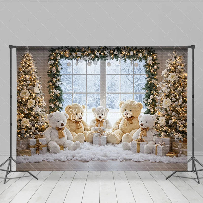 Aperturee - Aperturee Cozy Christmas Window Photography Backdrop Teddy Bear Family in the Snow Holiday Mini Session Background