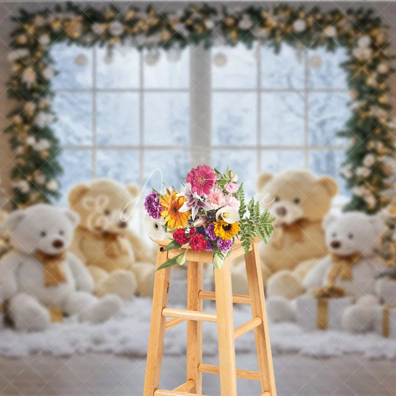 Aperturee - Aperturee Cozy Christmas Window Photography Backdrop Teddy Bear Family in the Snow Holiday Mini Session Background