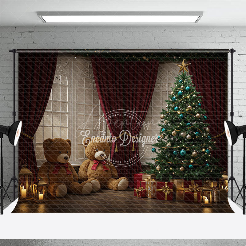 Aperturee - Aperturee Cozy Christmas Window Photography Backdrop Teddy Bears and Tree with Red Curtains Holiday Mini Sessions