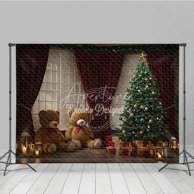 Aperturee - Aperturee Cozy Christmas Window Photography Backdrop Teddy Bears and Tree with Red Curtains Holiday Mini Sessions