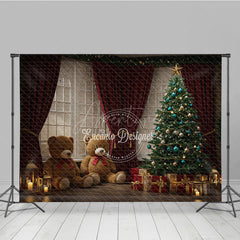 Aperturee - Aperturee Cozy Christmas Window Photography Backdrop Teddy Bears and Tree with Red Curtains Holiday Mini Sessions