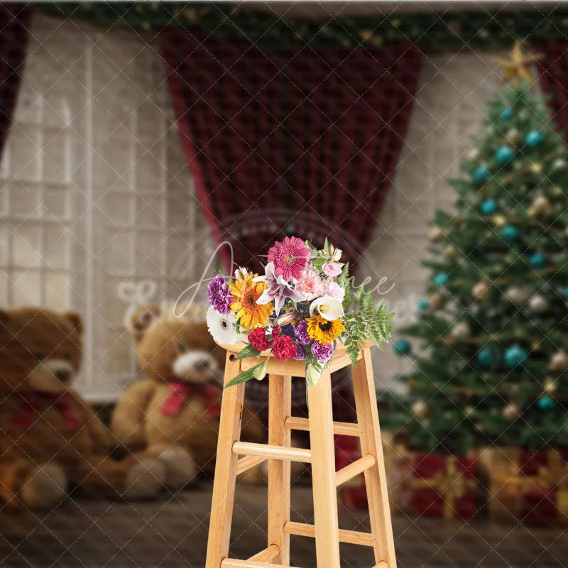 Aperturee - Aperturee Cozy Christmas Window Photography Backdrop Teddy Bears and Tree with Red Curtains Holiday Mini Sessions