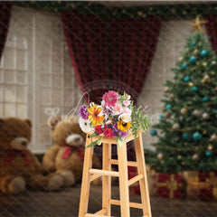 Aperturee - Aperturee Cozy Christmas Window Photography Backdrop Teddy Bears and Tree with Red Curtains Holiday Mini Sessions