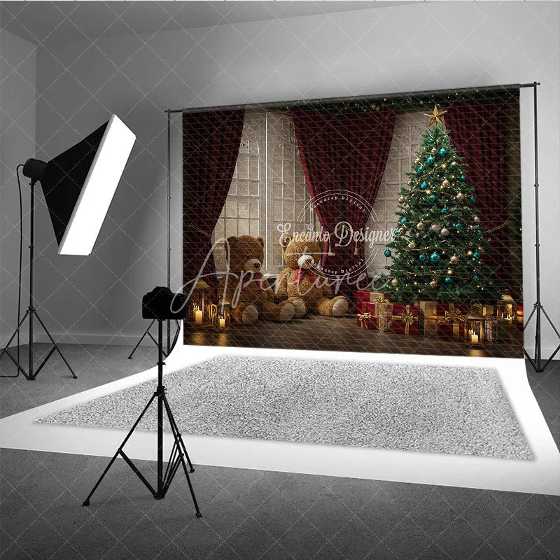 Aperturee - Aperturee Cozy Christmas Window Photography Backdrop Teddy Bears and Tree with Red Curtains Holiday Mini Sessions
