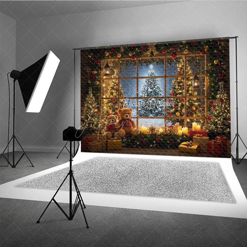 Aperturee - Aperturee Cozy Christmas Window Photography Backdrop Teddy Bears and Trees with a Snowy View Holiday Photo Background