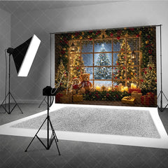 Aperturee - Aperturee Cozy Christmas Window Photography Backdrop Teddy Bears and Trees with a Snowy View Holiday Photo Background