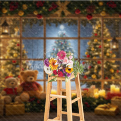 Aperturee - Aperturee Cozy Christmas Window Photography Backdrop Teddy Bears and Trees with a Snowy View Holiday Photo Background