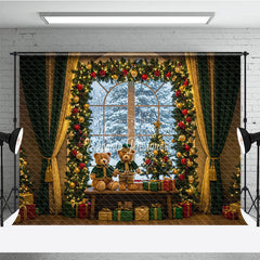 Aperturee - Aperturee Cozy Christmas Window Photography Backdrop Teddy Bears in Snowy Alcove Holiday Mini Session Background