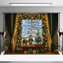 Aperturee - Aperturee Cozy Christmas Window Photography Backdrop Teddy Bears in Snowy Alcove Holiday Mini Session Background