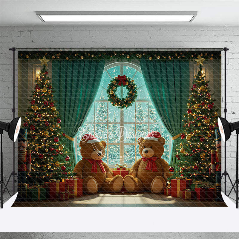 Aperturee - Aperturee Cozy Christmas Window Photography Backdrop Teddy Bears with Santa Hats Holiday Mini Session Background