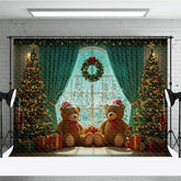 Aperturee - Aperturee Cozy Christmas Window Photography Backdrop Teddy Bears with Santa Hats Holiday Mini Session Background