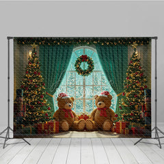 Aperturee - Aperturee Cozy Christmas Window Photography Backdrop Teddy Bears with Santa Hats Holiday Mini Session Background