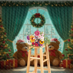 Aperturee - Aperturee Cozy Christmas Window Photography Backdrop Teddy Bears with Santa Hats Holiday Mini Session Background