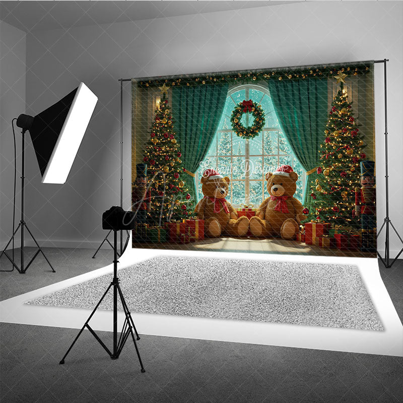 Aperturee - Aperturee Cozy Christmas Window Photography Backdrop Teddy Bears with Santa Hats Holiday Mini Session Background