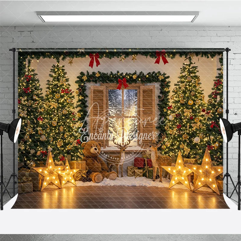 Aperturee - Aperturee Cozy Christmas Window Photography Backdrop with Reindeer and Teddy Bear Lighted Stars Holiday Photo Background